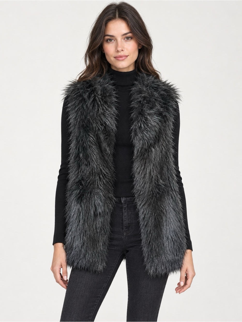 LOFT Shaggy Faux Fur Vest, Charcoal/Black, Size S